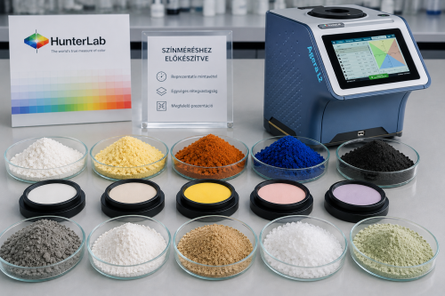 Különböző színű és textúrájú porok laboratóriumi színméréshez előkészítve